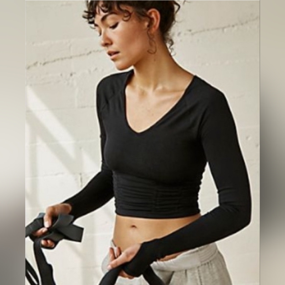 Free People Good Karma Ruched Black Long Sleeve Top | Size M/L